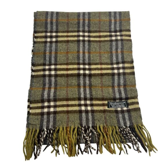 Burberry's Men's Olive Green Multicolored Checkered Wool Fringe lambswool Scarf - Picture 3 of 6